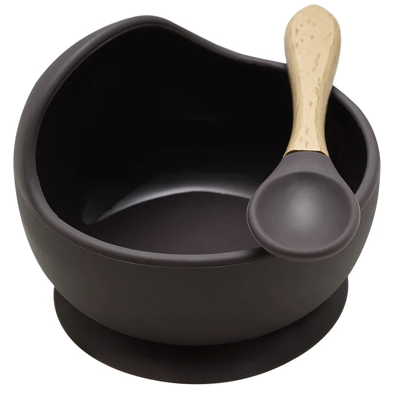 Juego de cuencos de silicona para bebés, platos de aprendizaje para bebés, cuenco con ventosa, cuchara de madera antideslizante.