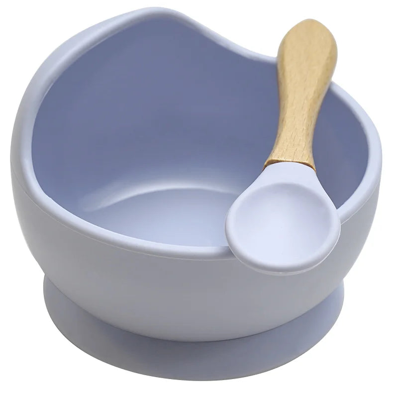 Juego de cuencos de silicona para bebés, platos de aprendizaje para bebés, cuenco con ventosa, cuchara de madera antideslizante.