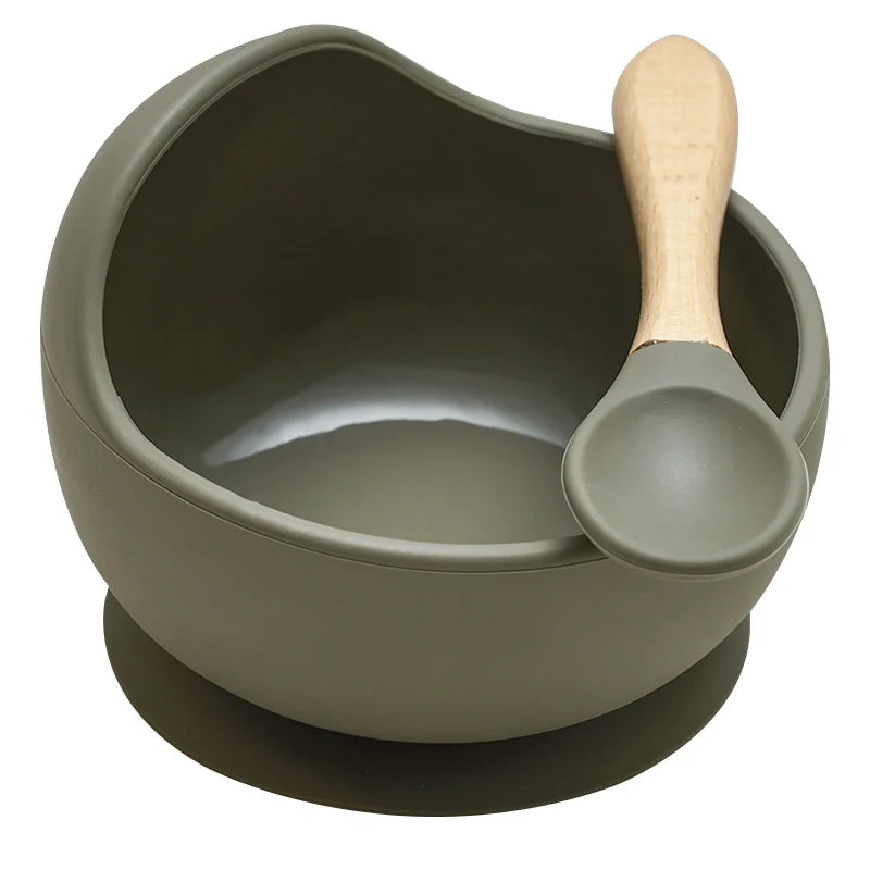 Juego de cuencos de silicona para bebés, platos de aprendizaje para bebés, cuenco con ventosa, cuchara de madera antideslizante.