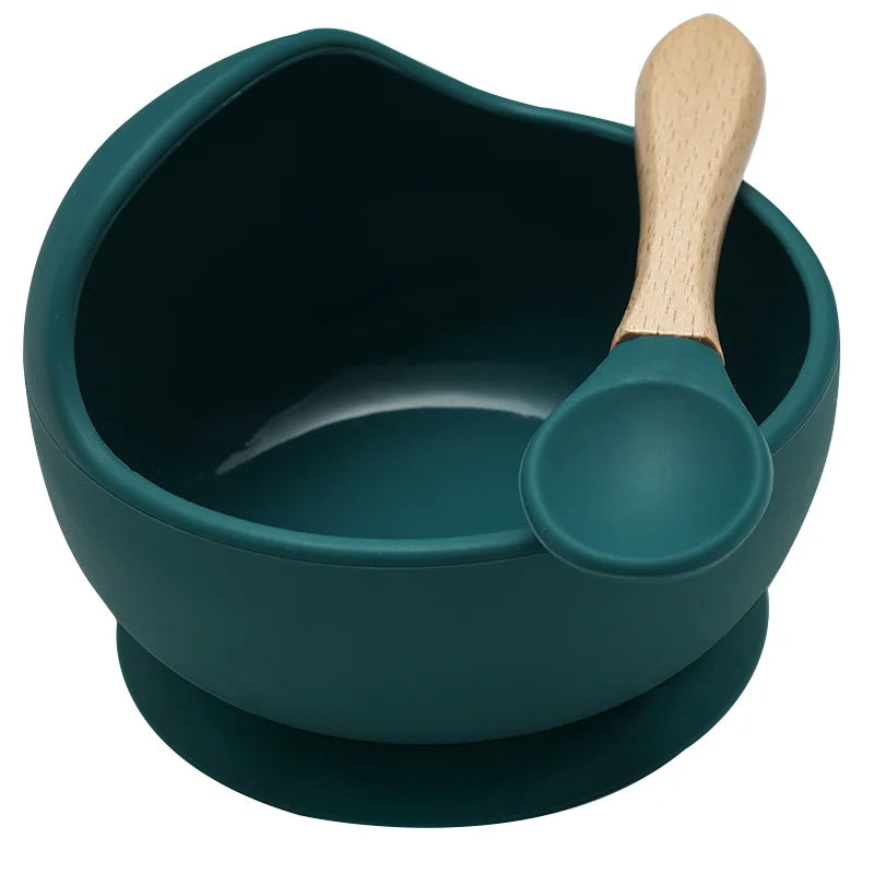 Juego de cuencos de silicona para bebés, platos de aprendizaje para bebés, cuenco con ventosa, cuchara de madera antideslizante.
