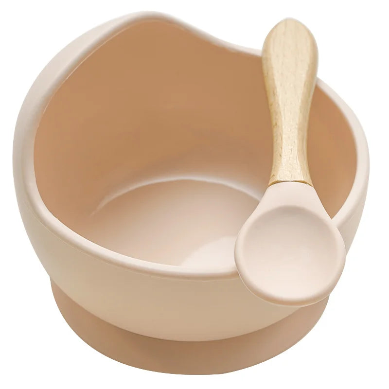 Juego de cuencos de silicona para bebés, platos de aprendizaje para bebés, cuenco con ventosa, cuchara de madera antideslizante.