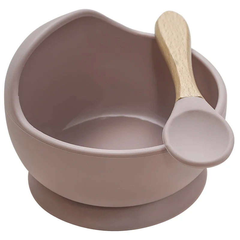 Juego de cuencos de silicona para bebés, platos de aprendizaje para bebés, cuenco con ventosa, cuchara de madera antideslizante.