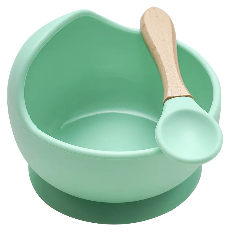 Juego de cuencos de silicona para bebés, platos de aprendizaje para bebés, cuenco con ventosa, cuchara de madera antideslizante.