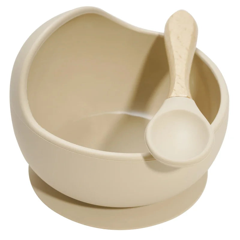 Juego de cuencos de silicona para bebés, platos de aprendizaje para bebés, cuenco con ventosa, cuchara de madera antideslizante.