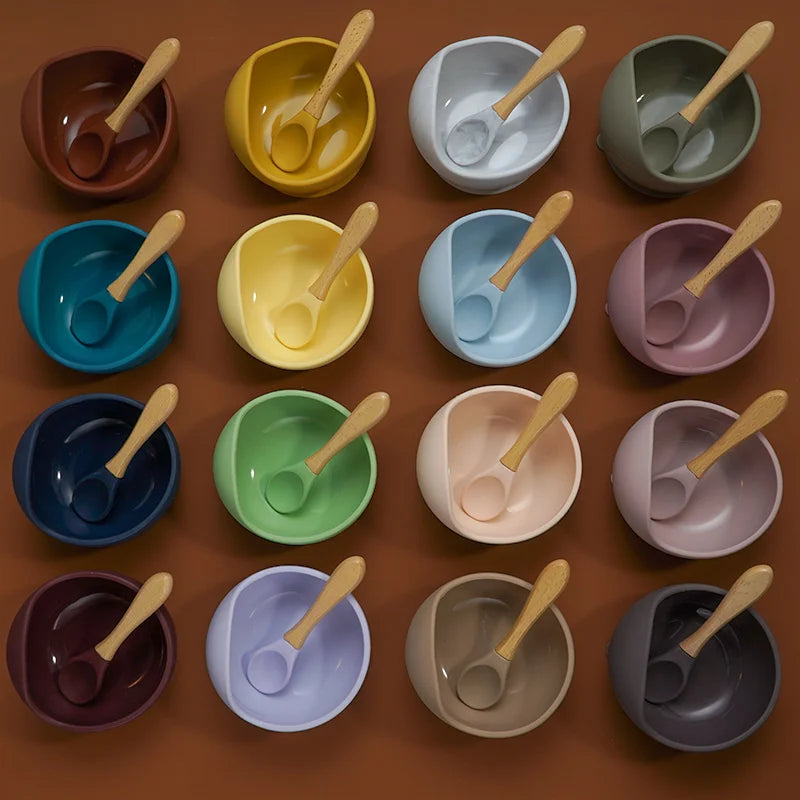 Juego de cuencos de silicona para bebés, platos de aprendizaje para bebés, cuenco con ventosa, cuchara de madera antideslizante.