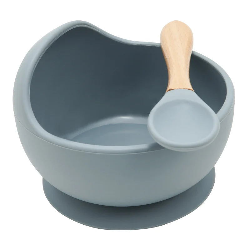 Juego de cuencos de silicona para bebés, platos de aprendizaje para bebés, cuenco con ventosa, cuchara de madera antideslizante.