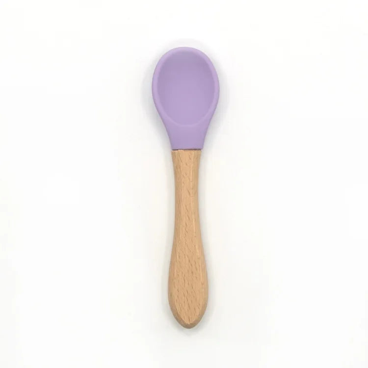 Juego de cuencos de silicona para bebés, platos de aprendizaje para bebés, cuenco con ventosa, cuchara de madera antideslizante.