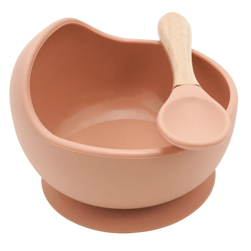 Juego de cuencos de silicona para bebés, platos de aprendizaje para bebés, cuenco con ventosa, cuchara de madera antideslizante.