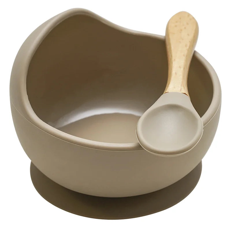 Juego de cuencos de silicona para bebés, platos de aprendizaje para bebés, cuenco con ventosa, cuchara de madera antideslizante.