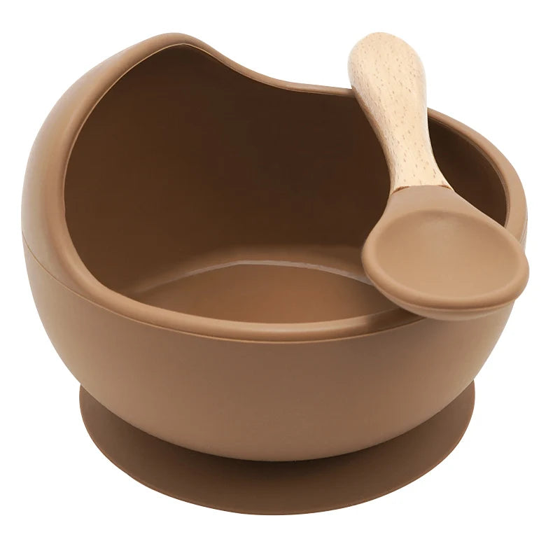 Juego de cuencos de silicona para bebés, platos de aprendizaje para bebés, cuenco con ventosa, cuchara de madera antideslizante.