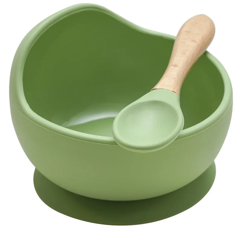 Juego de cuencos de silicona para bebés, platos de aprendizaje para bebés, cuenco con ventosa, cuchara de madera antideslizante.
