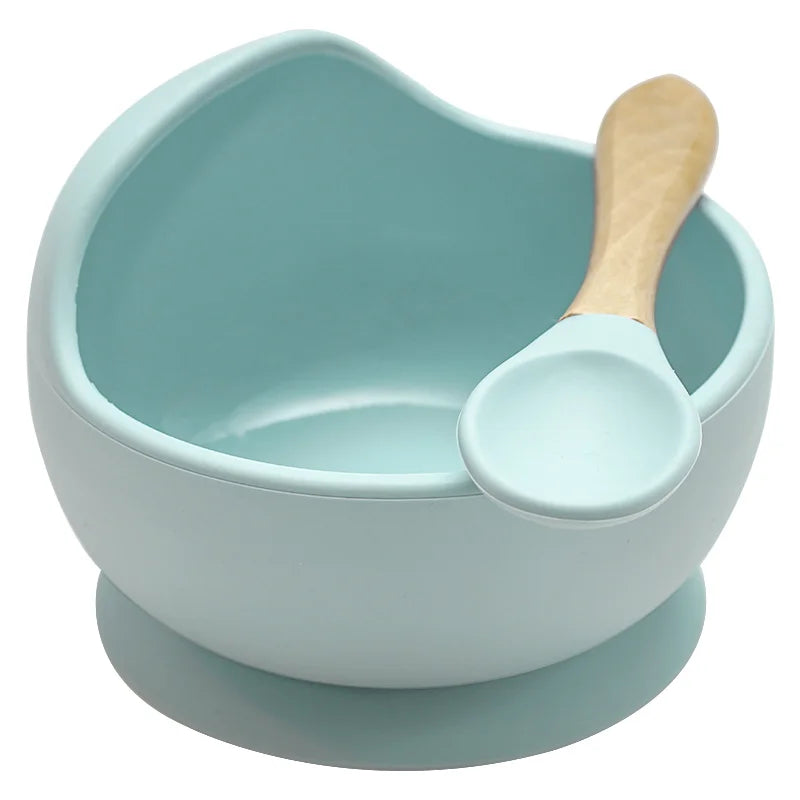 Juego de cuencos de silicona para bebés, platos de aprendizaje para bebés, cuenco con ventosa, cuchara de madera antideslizante.