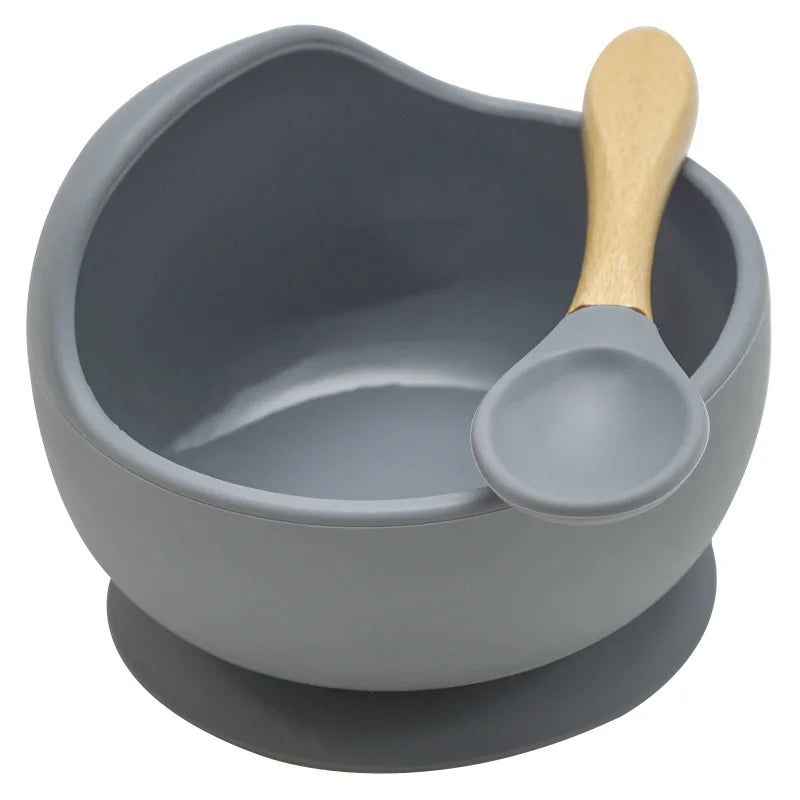 Juego de cuencos de silicona para bebés, platos de aprendizaje para bebés, cuenco con ventosa, cuchara de madera antideslizante.