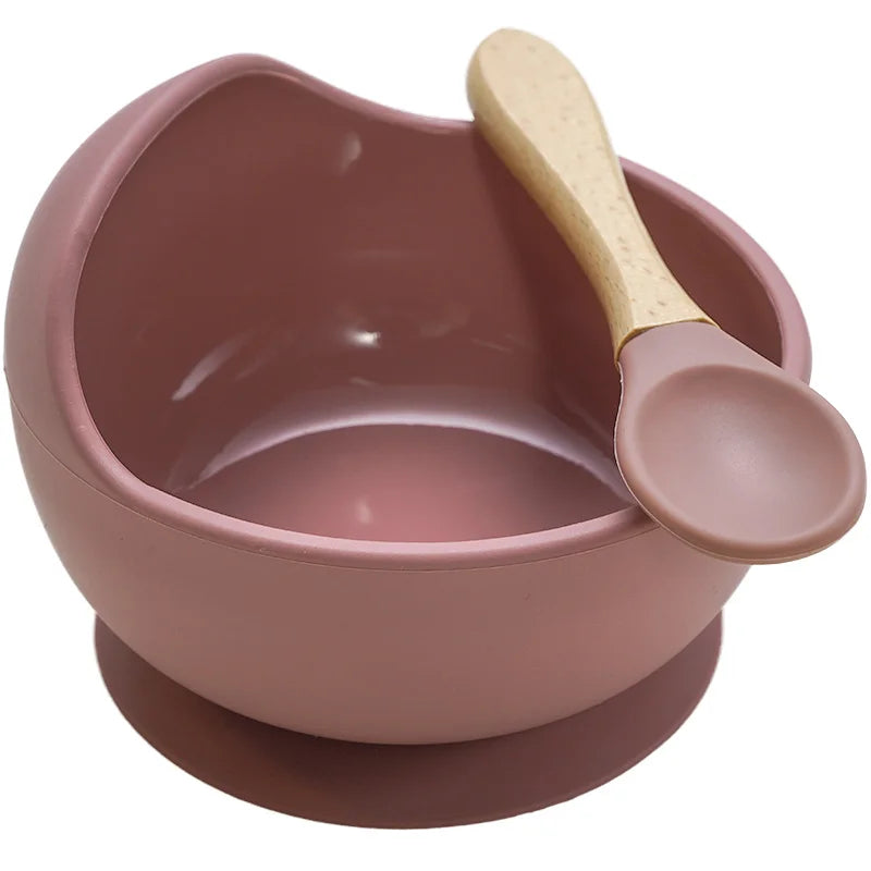 Juego de cuencos de silicona para bebés, platos de aprendizaje para bebés, cuenco con ventosa, cuchara de madera antideslizante.