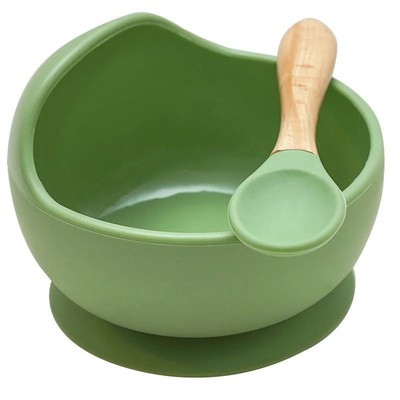 Juego de cuencos de silicona para bebés, platos de aprendizaje para bebés, cuenco con ventosa, cuchara de madera antideslizante.