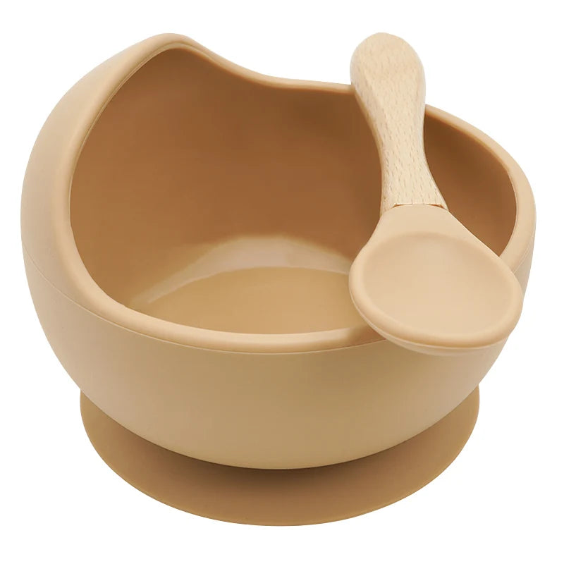 Juego de cuencos de silicona para bebés, platos de aprendizaje para bebés, cuenco con ventosa, cuchara de madera antideslizante.