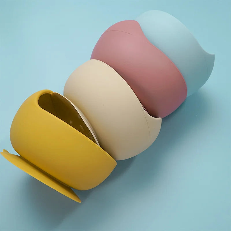 Juego de cuencos de silicona para bebés, platos de aprendizaje para bebés, cuenco con ventosa, cuchara de madera antideslizante.
