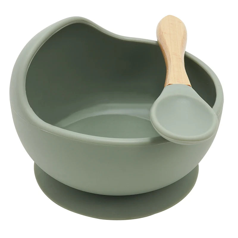 Juego de cuencos de silicona para bebés, platos de aprendizaje para bebés, cuenco con ventosa, cuchara de madera antideslizante.