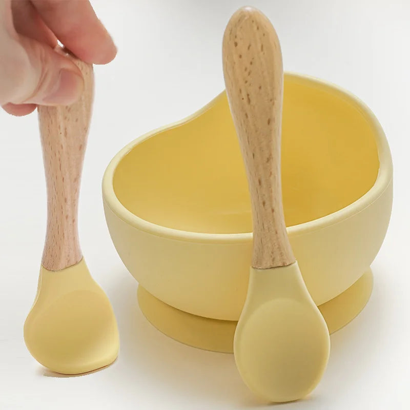 Juego de cuencos de silicona para bebés, platos de aprendizaje para bebés, cuenco con ventosa, cuchara de madera antideslizante.