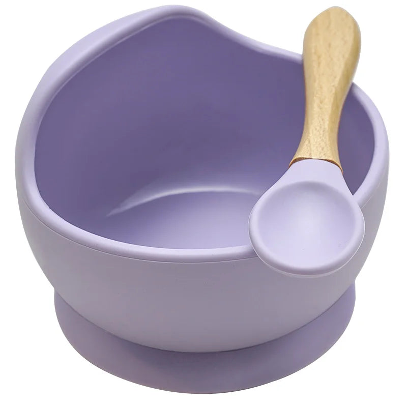 Juego de cuencos de silicona para bebés, platos de aprendizaje para bebés, cuenco con ventosa, cuchara de madera antideslizante.