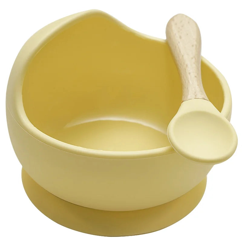 Juego de cuencos de silicona para bebés, platos de aprendizaje para bebés, cuenco con ventosa, cuchara de madera antideslizante.