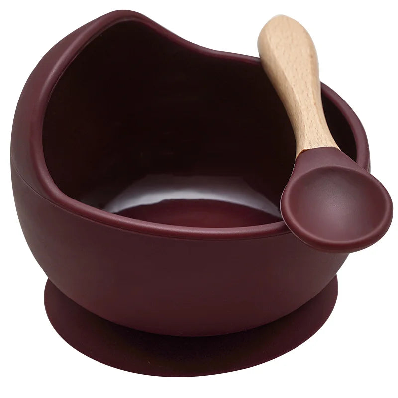 Juego de cuencos de silicona para bebés, platos de aprendizaje para bebés, cuenco con ventosa, cuchara de madera antideslizante.