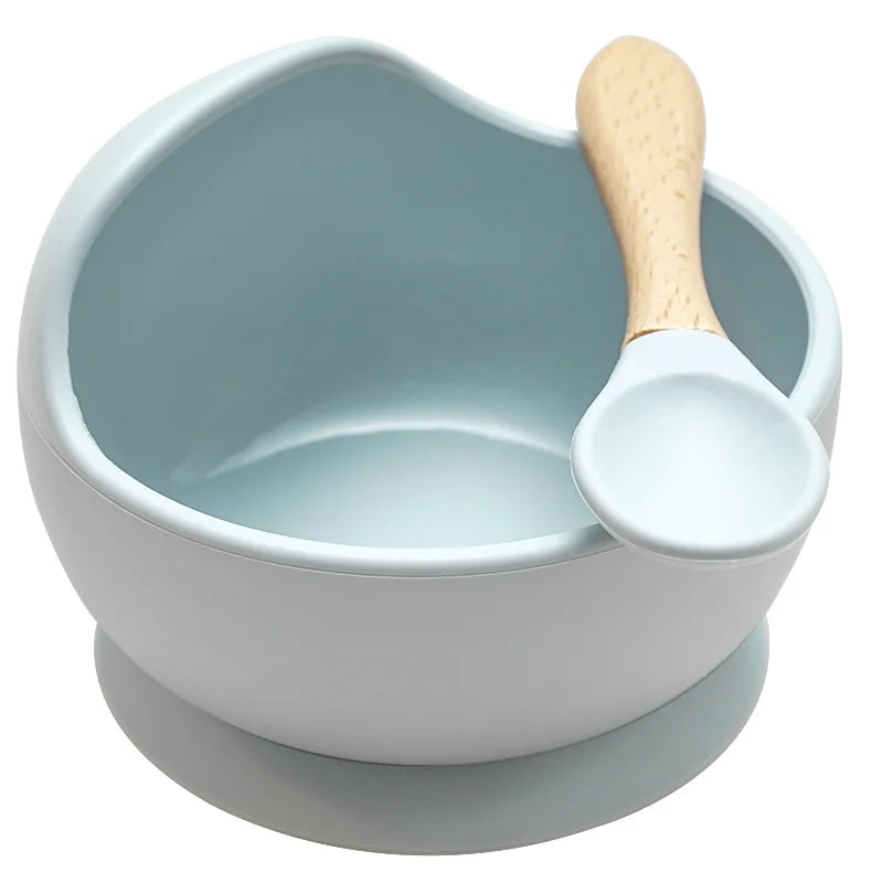 Juego de cuencos de silicona para bebés, platos de aprendizaje para bebés, cuenco con ventosa, cuchara de madera antideslizante.