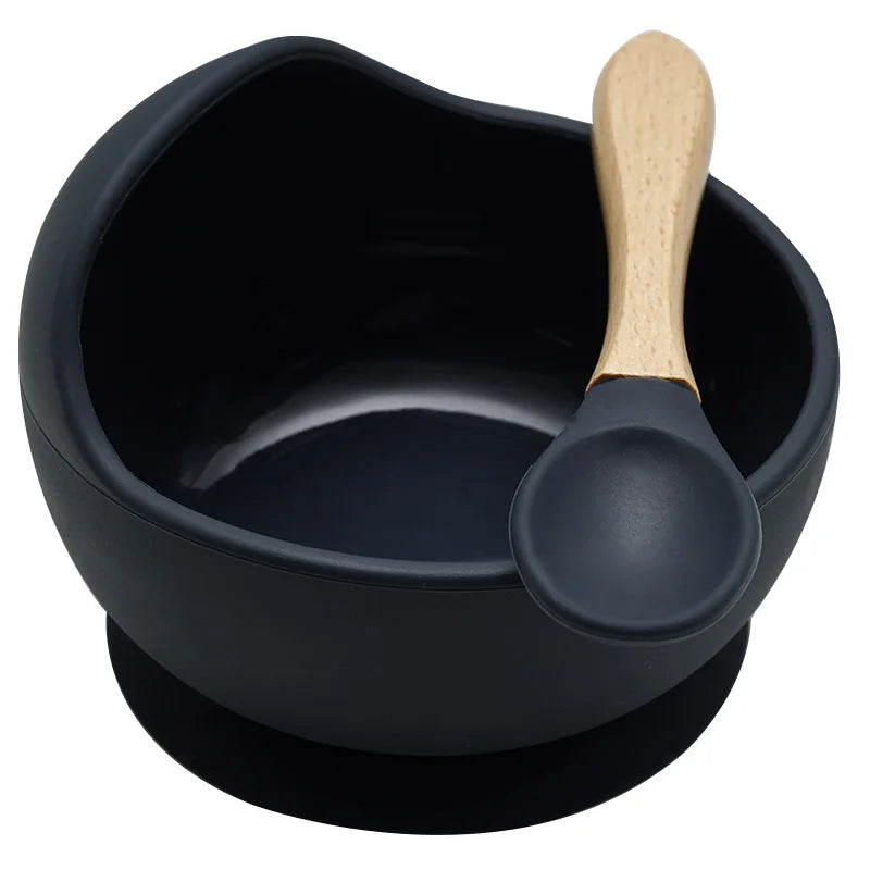 Juego de cuencos de silicona para bebés, platos de aprendizaje para bebés, cuenco con ventosa, cuchara de madera antideslizante.