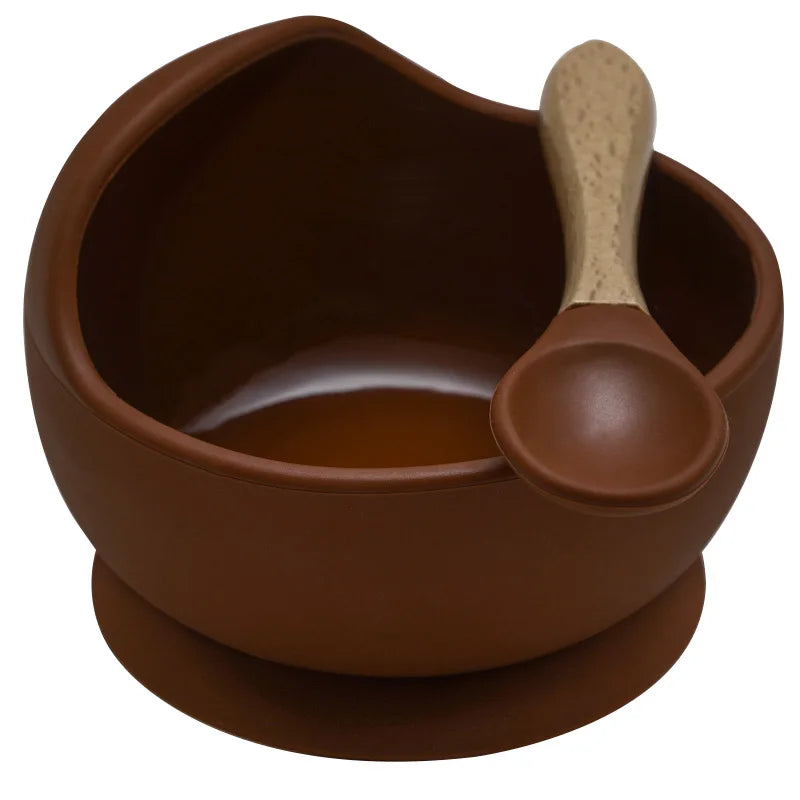 Juego de cuencos de silicona para bebés, platos de aprendizaje para bebés, cuenco con ventosa, cuchara de madera antideslizante.