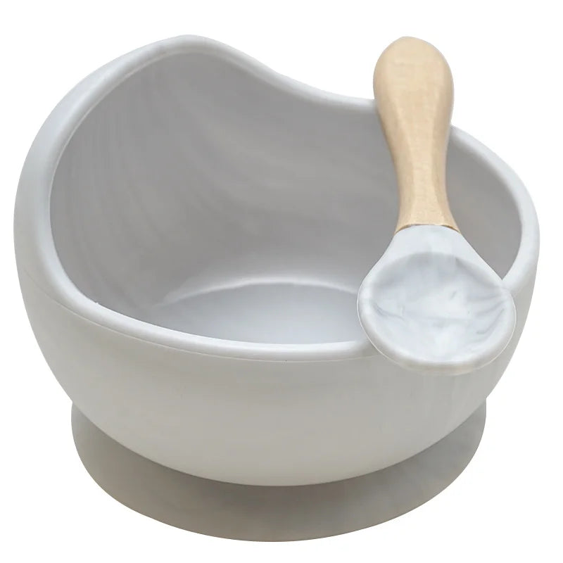 Juego de cuencos de silicona para bebés, platos de aprendizaje para bebés, cuenco con ventosa, cuchara de madera antideslizante.