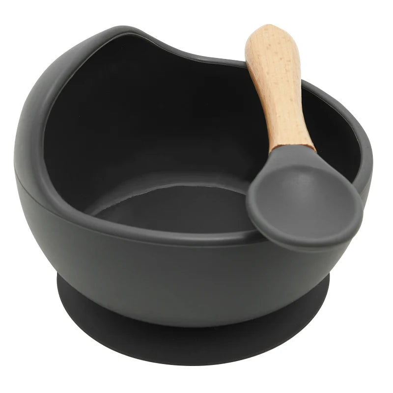 Juego de cuencos de silicona para bebés, platos de aprendizaje para bebés, cuenco con ventosa, cuchara de madera antideslizante.