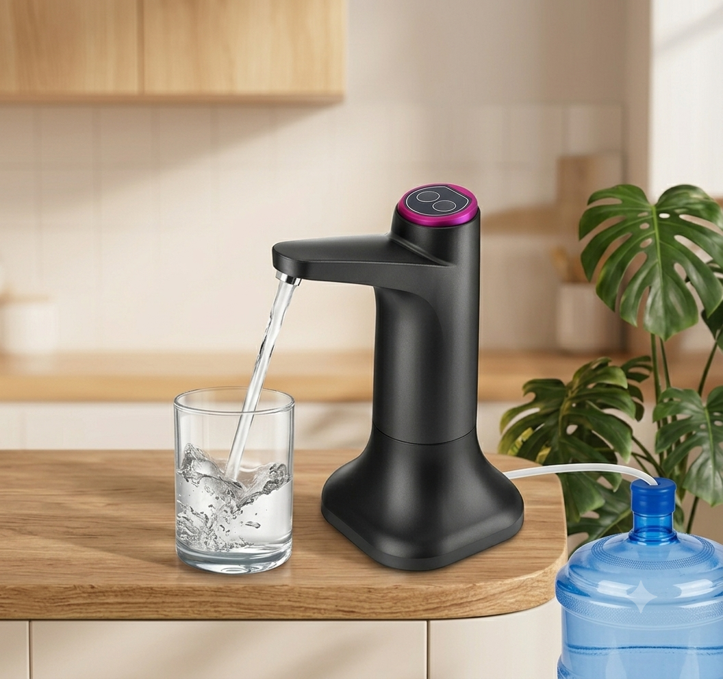 Dispensador de agua automático con bomba eléctrica, control por botón y carga USB.