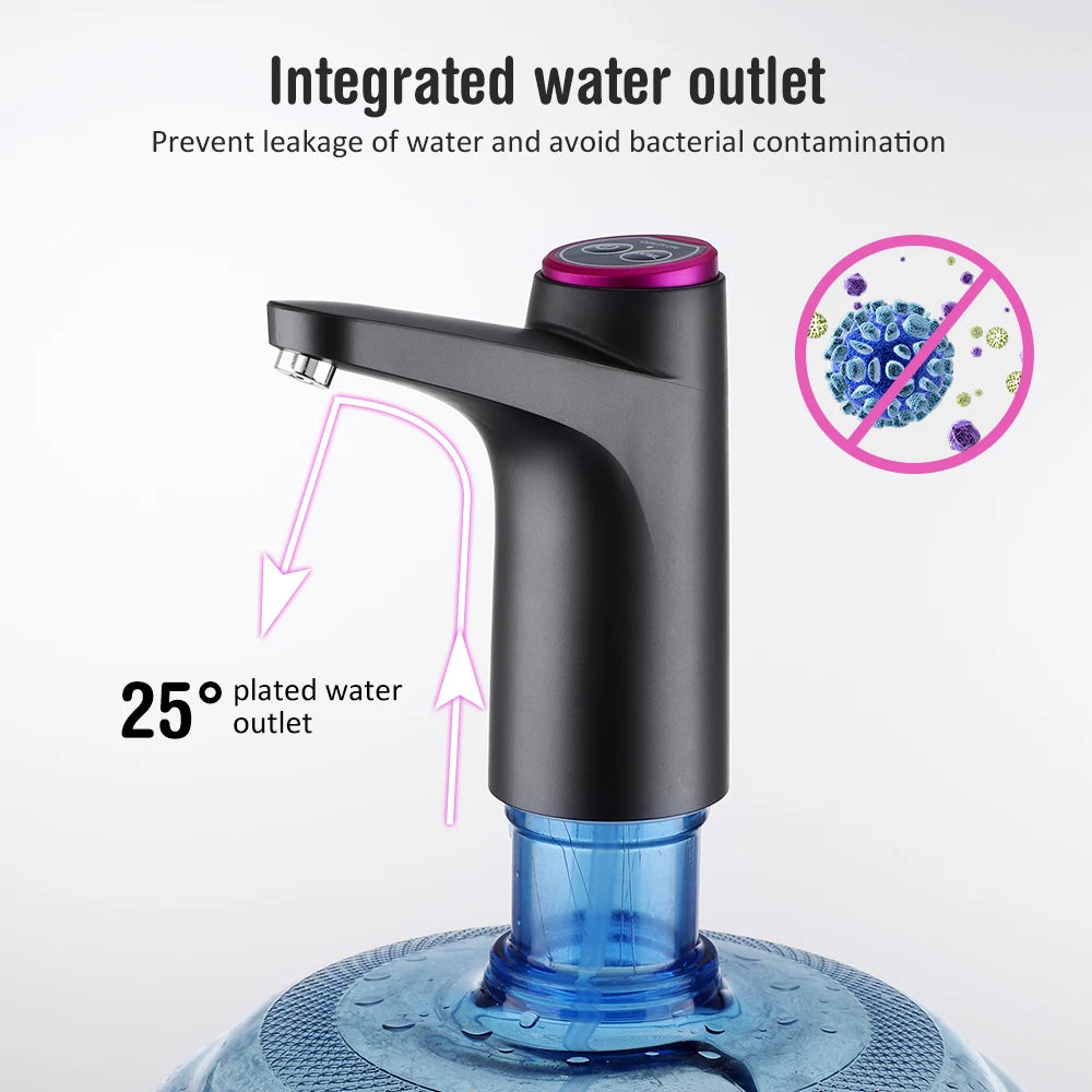 Dispensador de agua automático con bomba eléctrica, control por botón y carga USB.