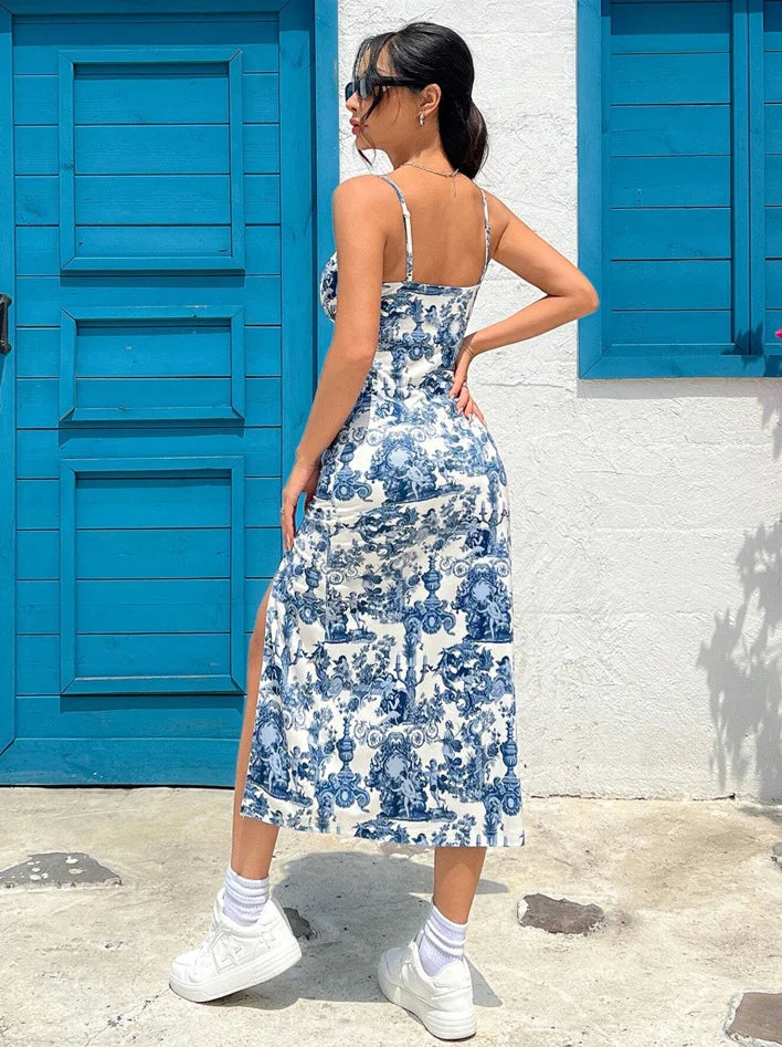 Vestido largo fluido de verano - Azul estampado