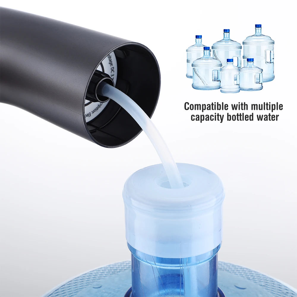 Dispensador de agua automático con bomba eléctrica, control por botón y carga USB.