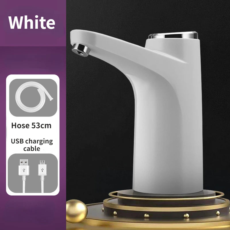 Dispensador de agua automático con bomba eléctrica, control por botón y carga USB.