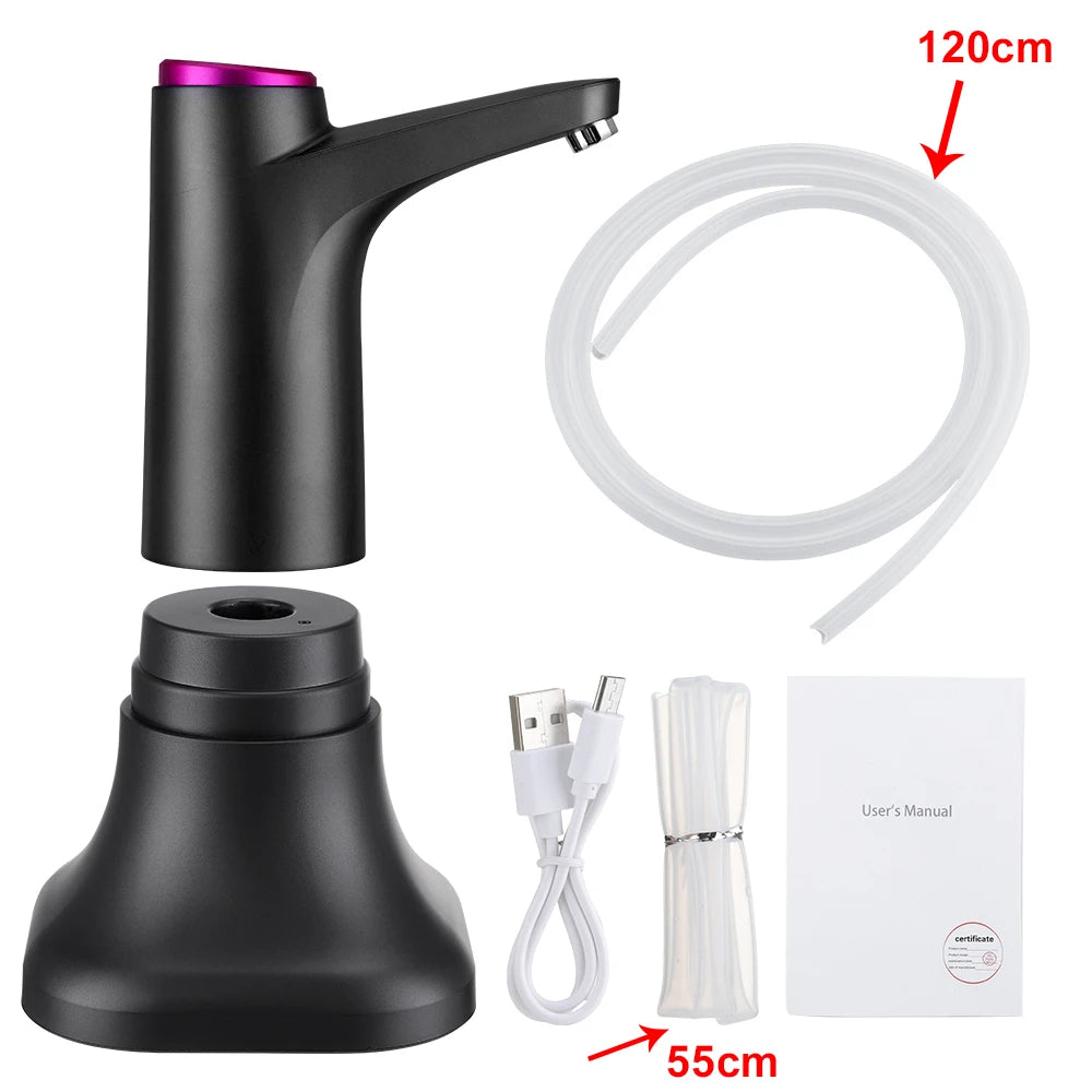 Dispensador de agua automático con bomba eléctrica, control por botón y carga USB.