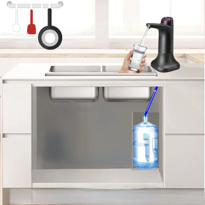 Dispensador de agua automático con bomba eléctrica, control por botón y carga USB.