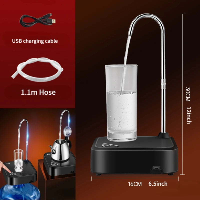 Dispensador de agua automático con bomba eléctrica, control por botón y carga USB.