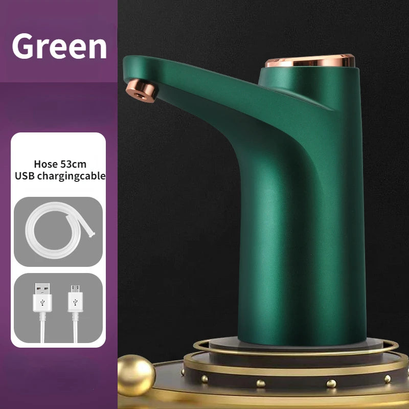 Dispensador de agua automático con bomba eléctrica, control por botón y carga USB.