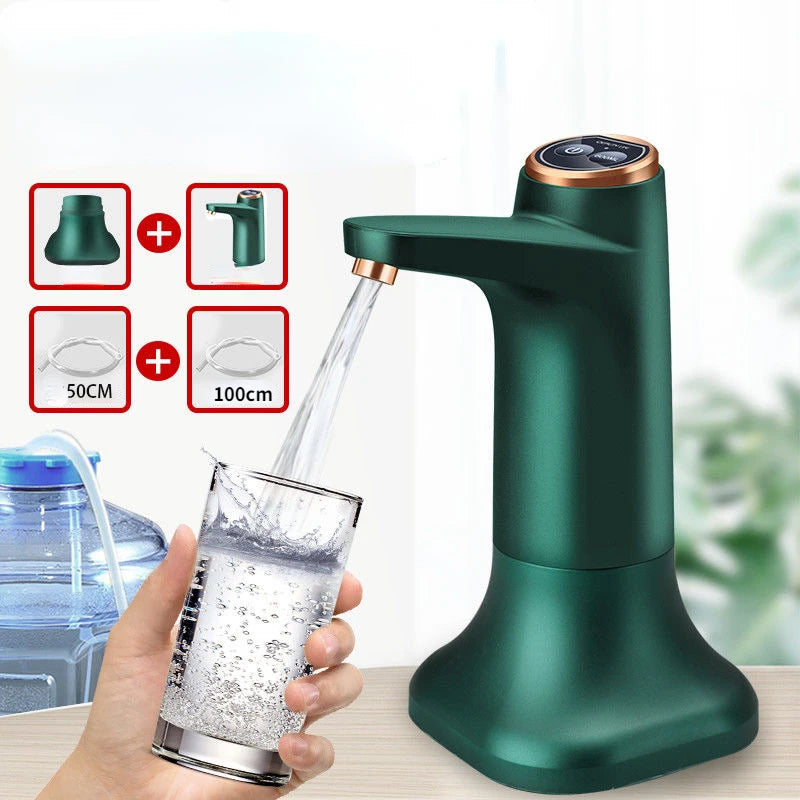 Dispensador de agua automático con bomba eléctrica, control por botón y carga USB.