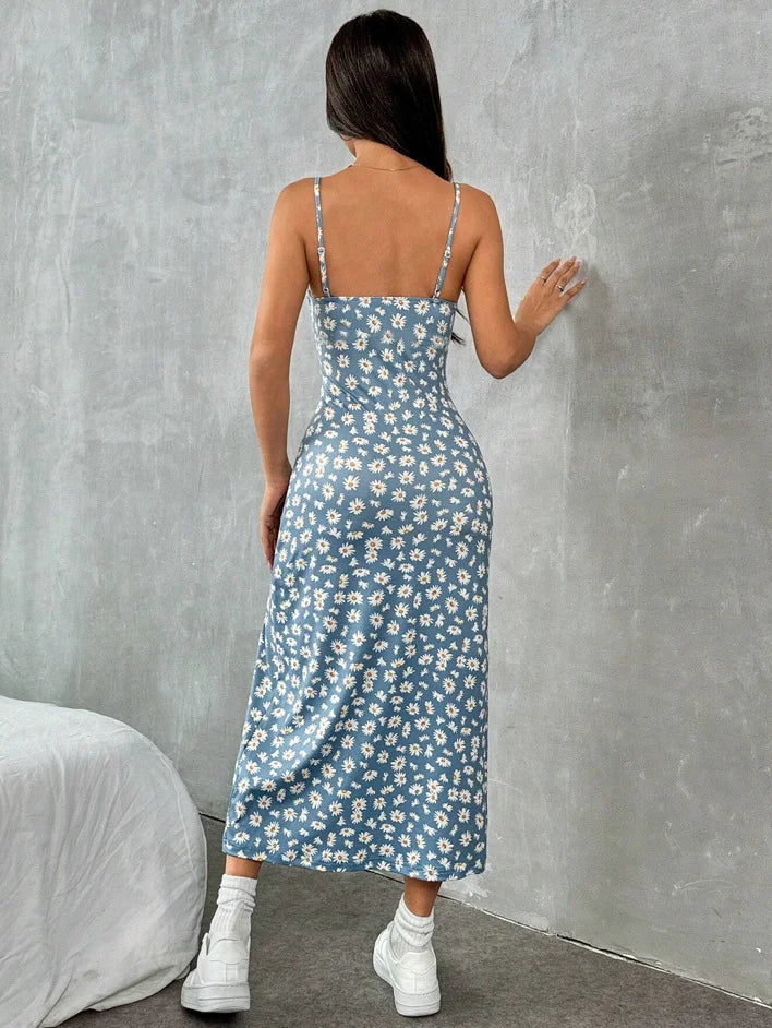 Vestido largo fluido de verano - Azul estampado
