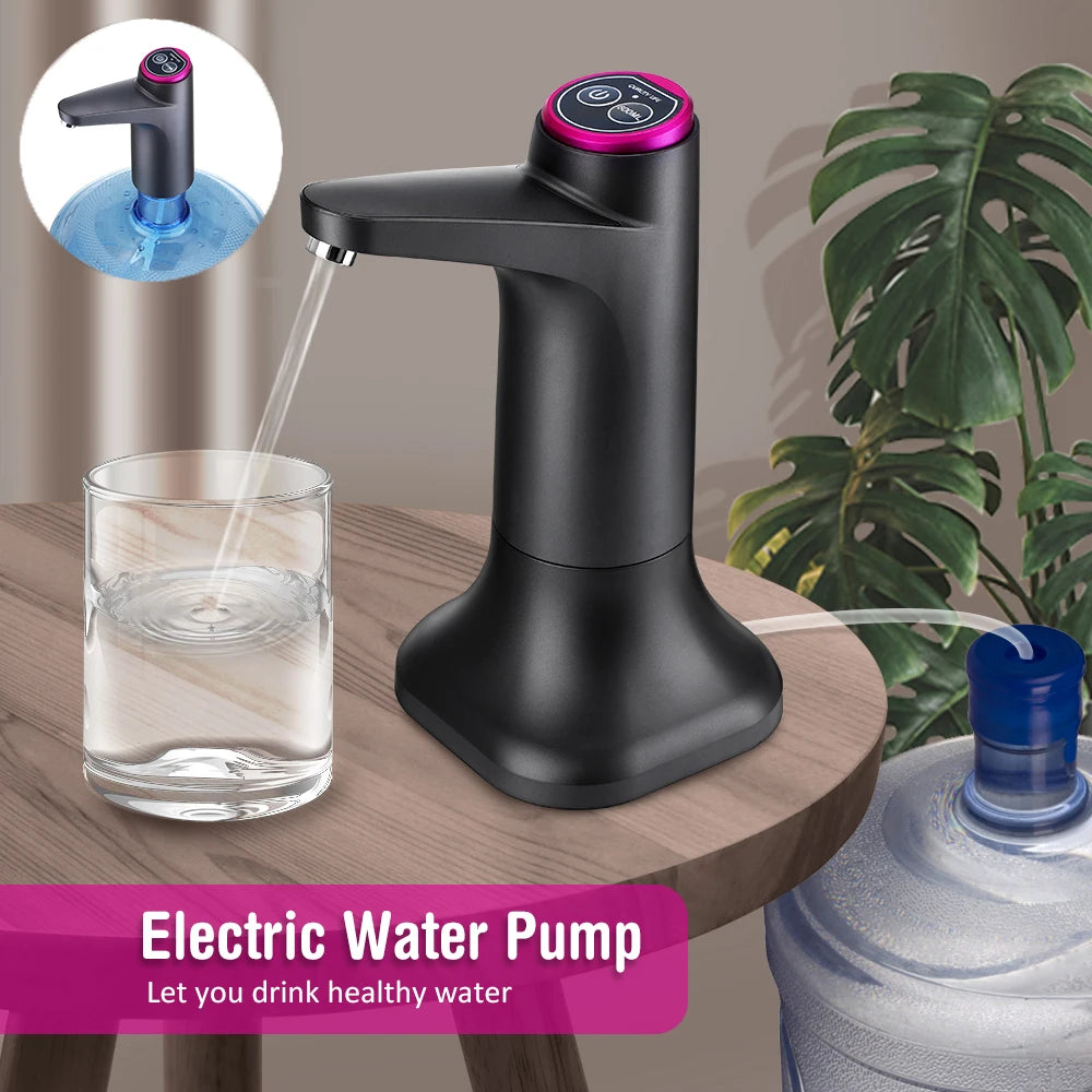 Dispensador de agua automático con bomba eléctrica, control por botón y carga USB.