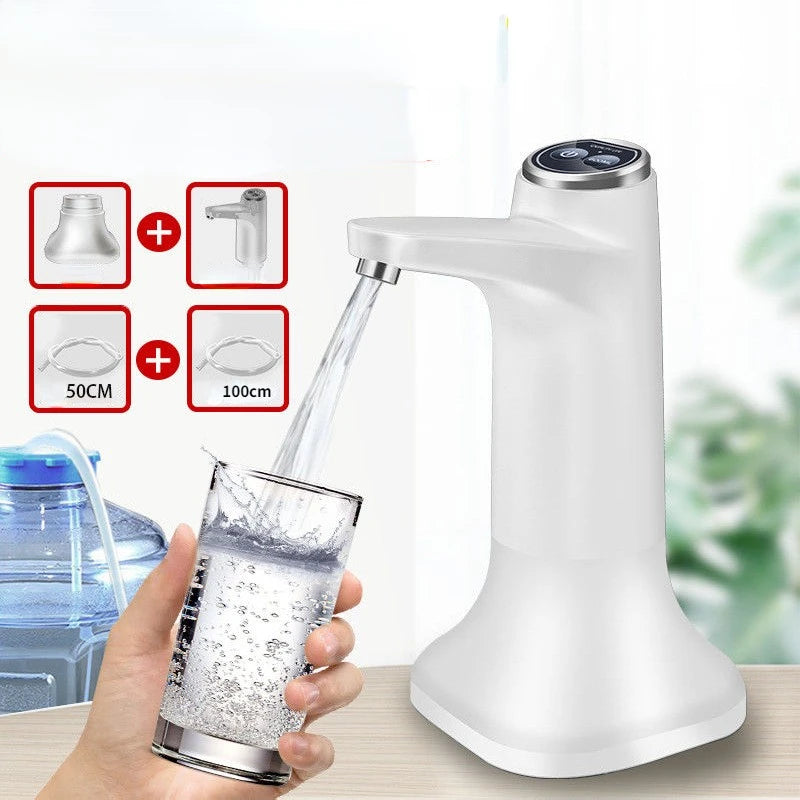 Dispensador de agua automático con bomba eléctrica, control por botón y carga USB.