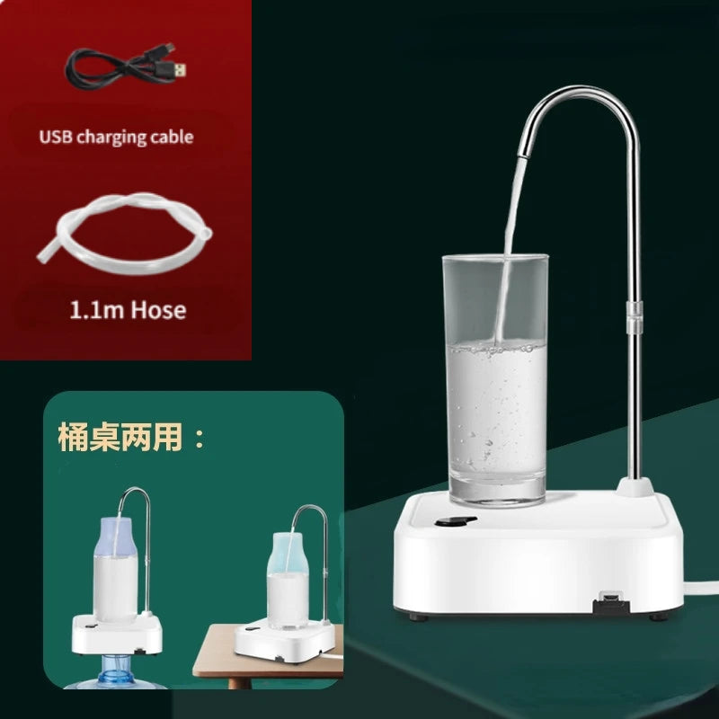 Dispensador de agua automático con bomba eléctrica, control por botón y carga USB.